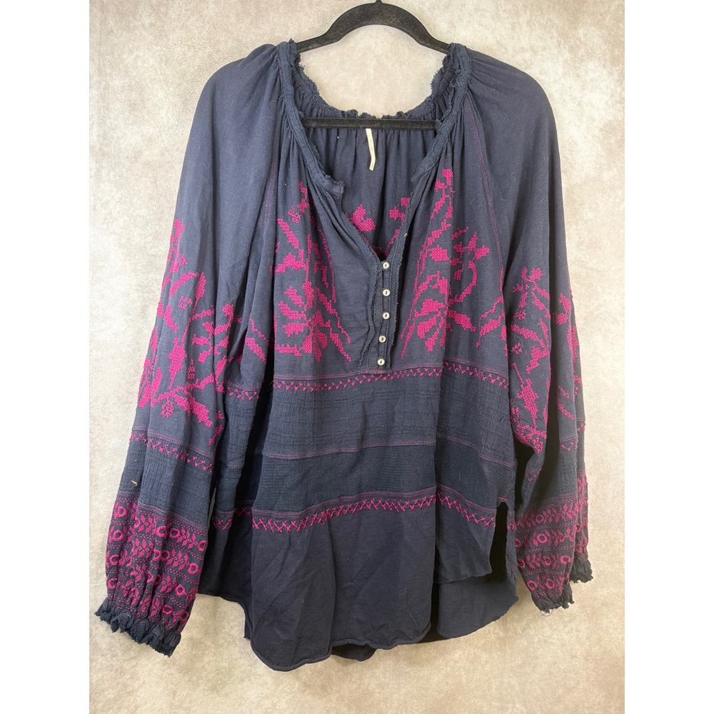 Free People Blouse Women Large Navy Blue Magenta Floral Embroidered Peasant Top